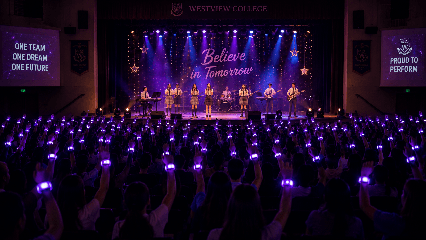 School production with LED wristbands