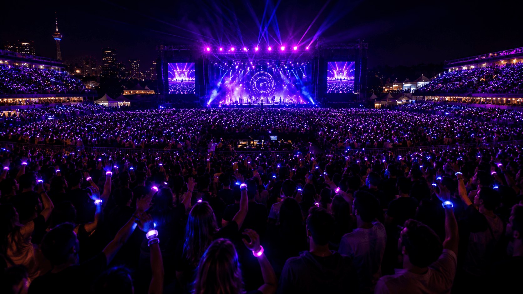 Crowd wearing LED wristbands at a concert